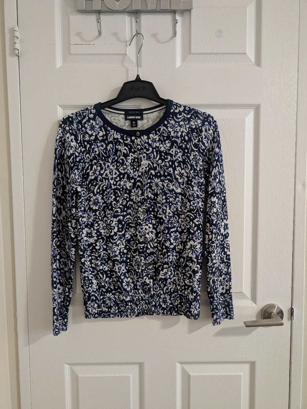 NWOT Lands’ End 100% Supima Cotton Navy Blue Floral Cardigan Preppy XS